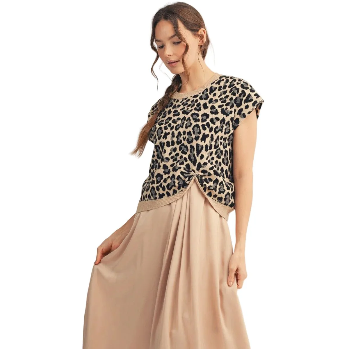 Women's Jodifl Taupe Front Knot Accent Leopard Sweater Top - Image 2