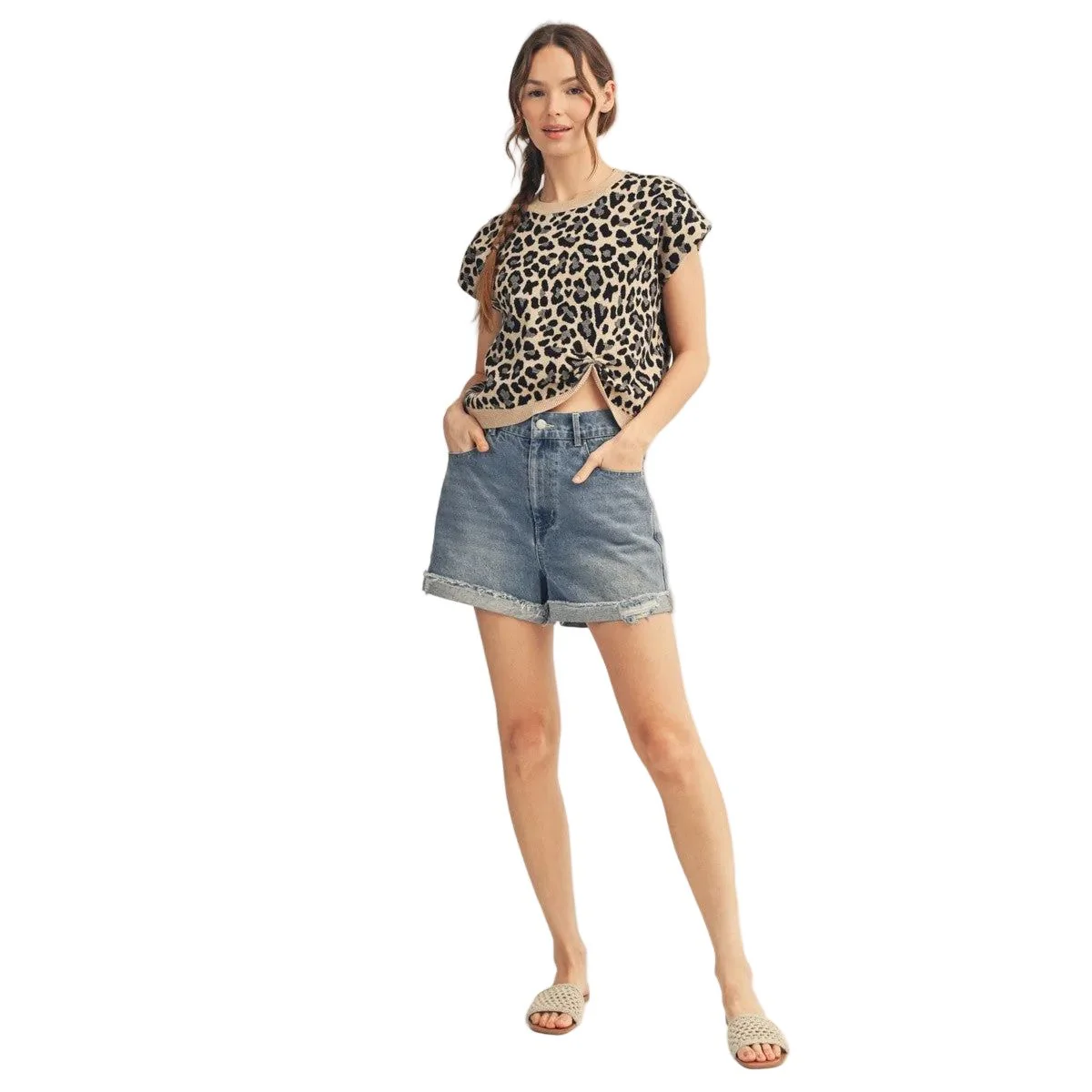 Women's Jodifl Taupe Front Knot Accent Leopard Sweater Top - Image 5