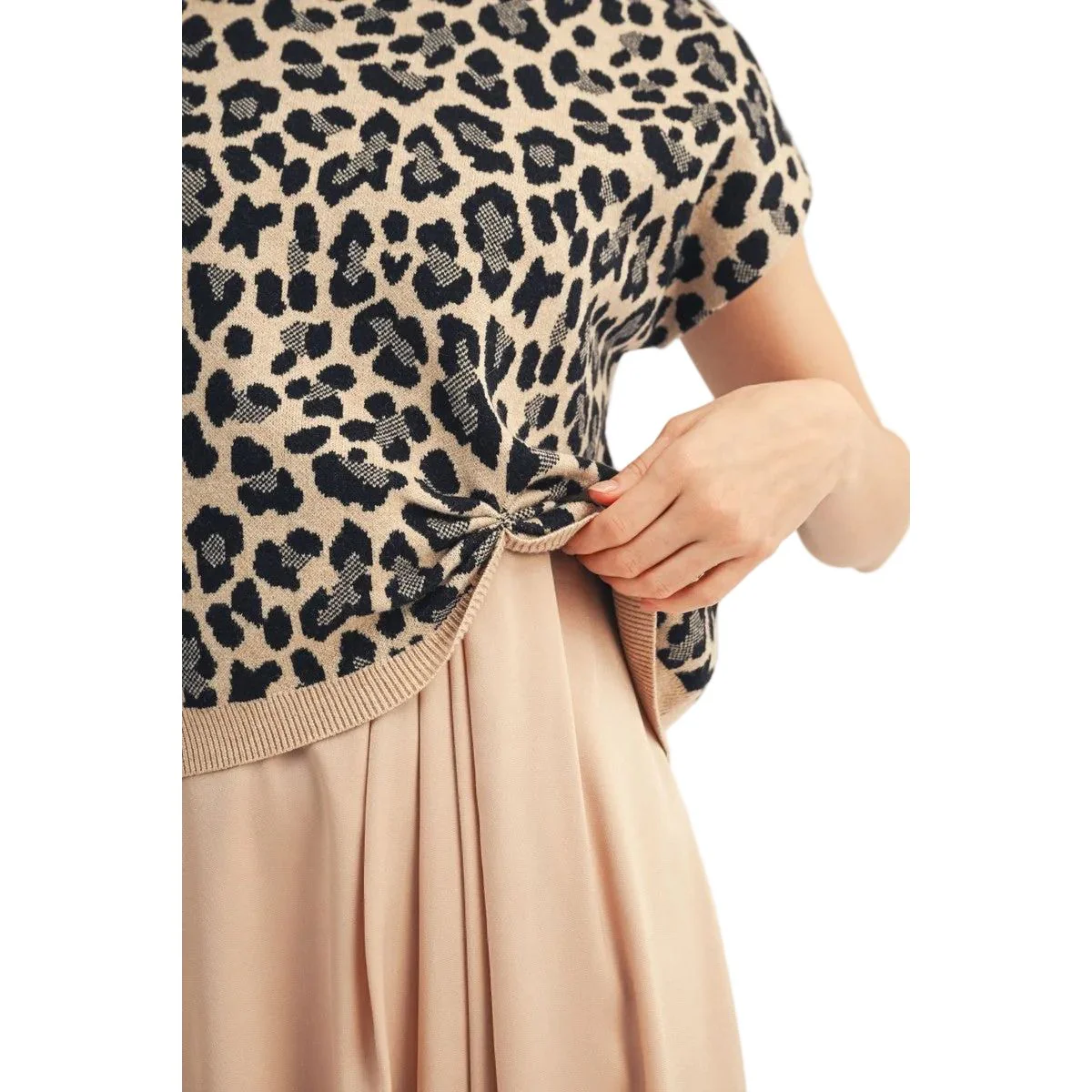 Women's Jodifl Taupe Front Knot Accent Leopard Sweater Top - Image 6
