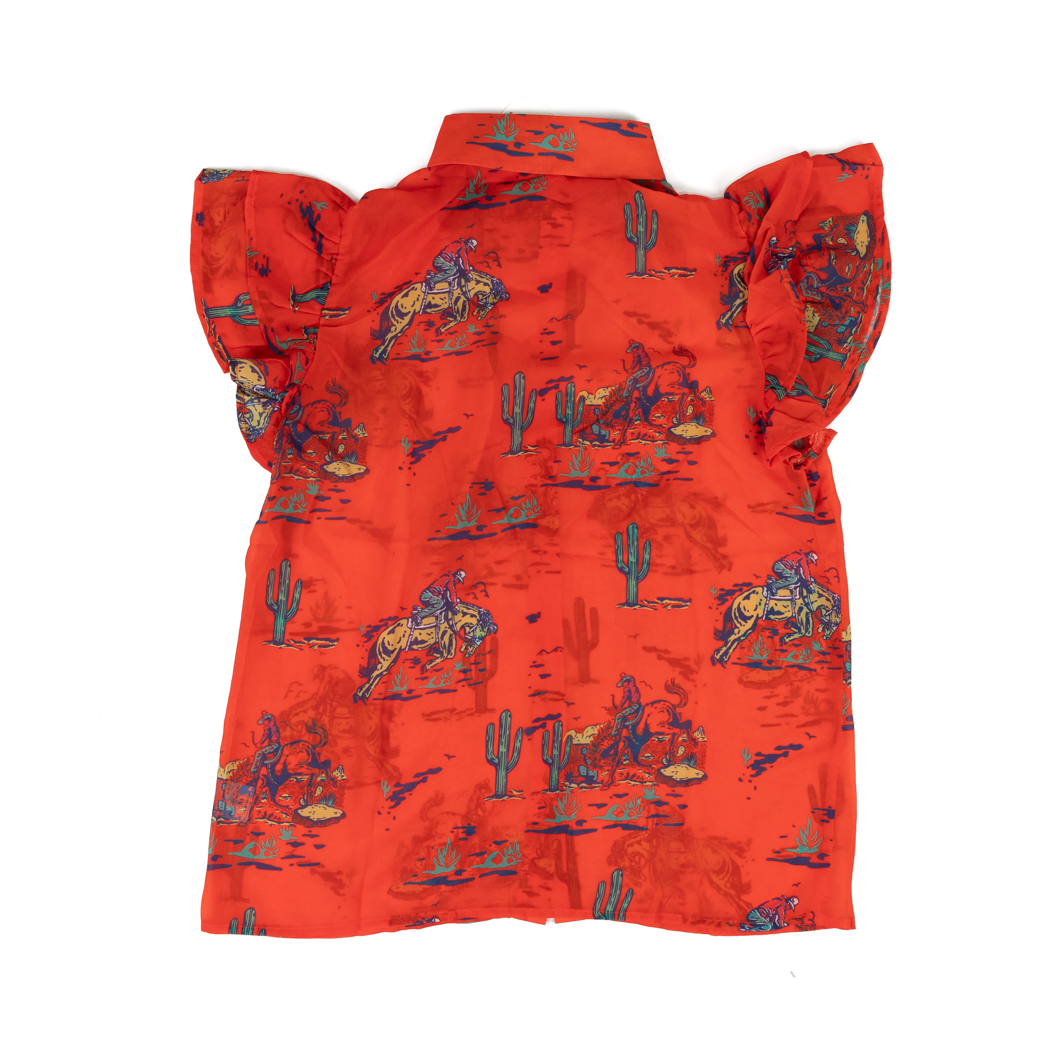 Women's Turquoise Haven Red Flutter Sleeve Cowboy Scene Blouse - Image 2