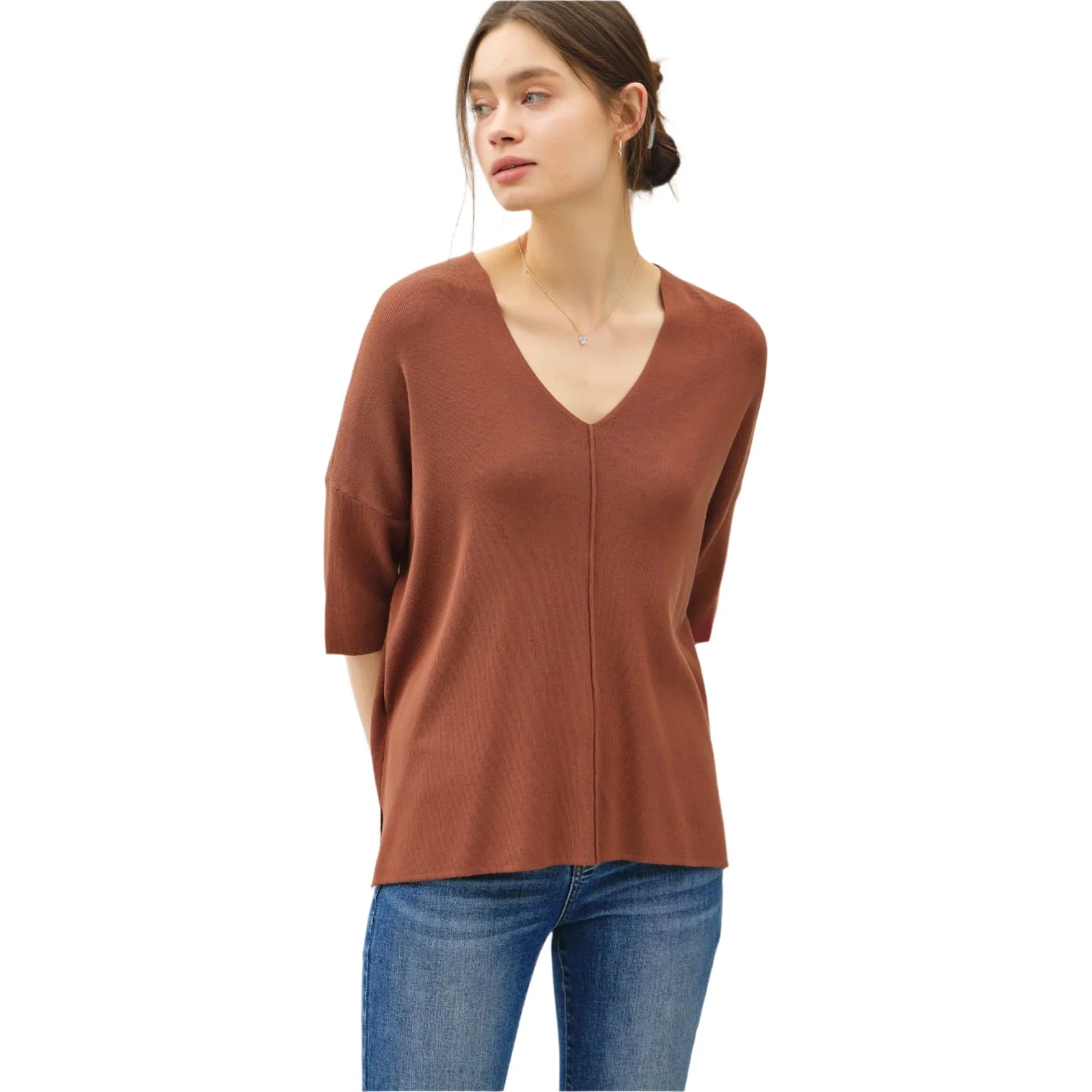 Women's V-neck Dropped Shoulder Half Sleeve Sweater