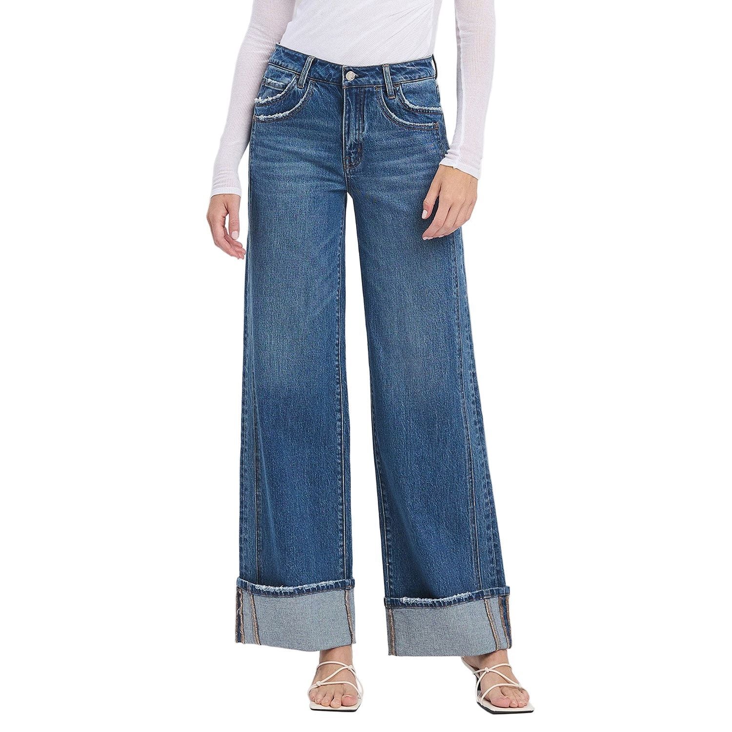 Women's Vervet High Rise Cuffed Panel Baggy Wide Jeans T6645 - Image 10