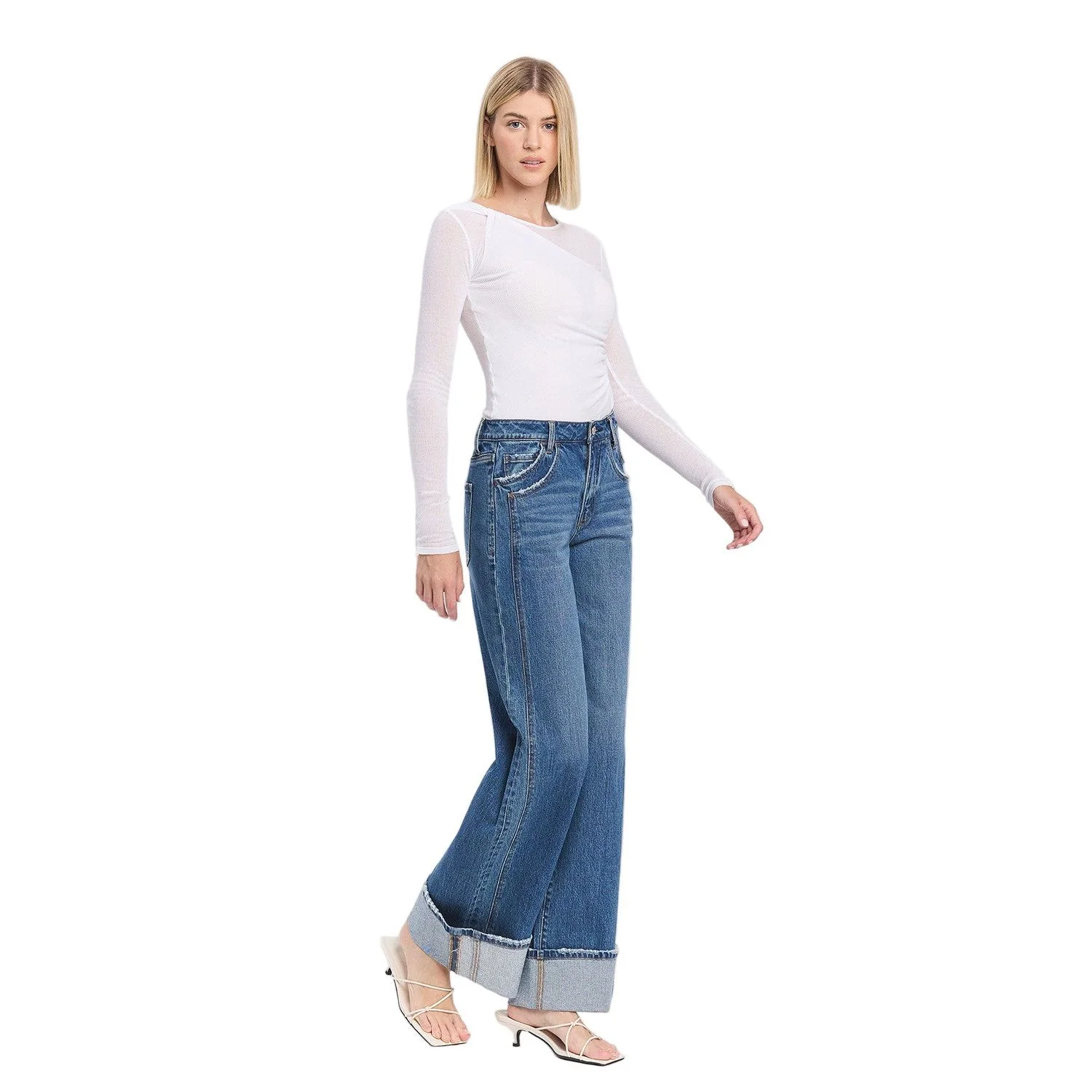 Women's Vervet High Rise Cuffed Panel Baggy Wide Jeans T6645 - Image 4