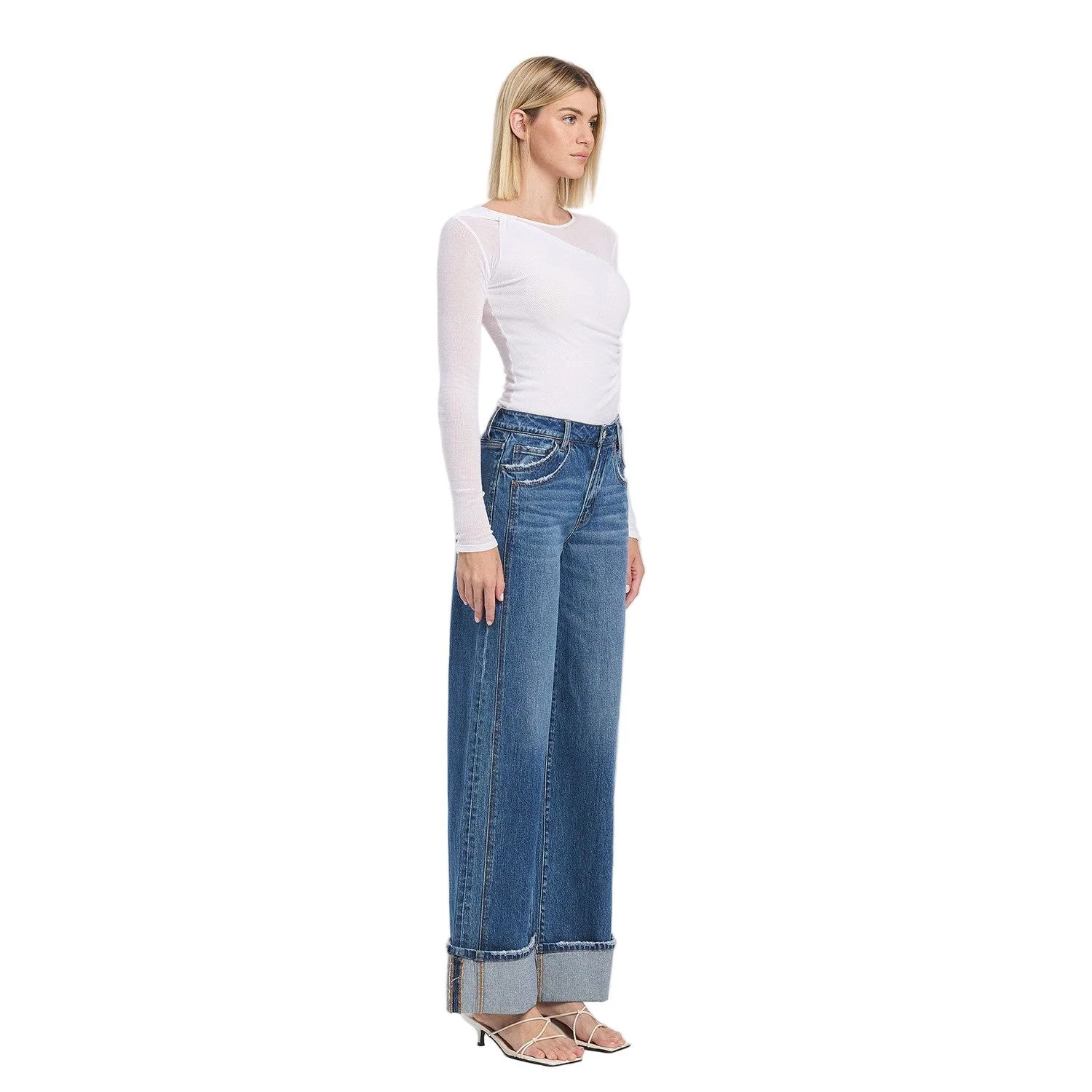 Women's Vervet High Rise Cuffed Panel Baggy Wide Jeans T6645 - Image 5