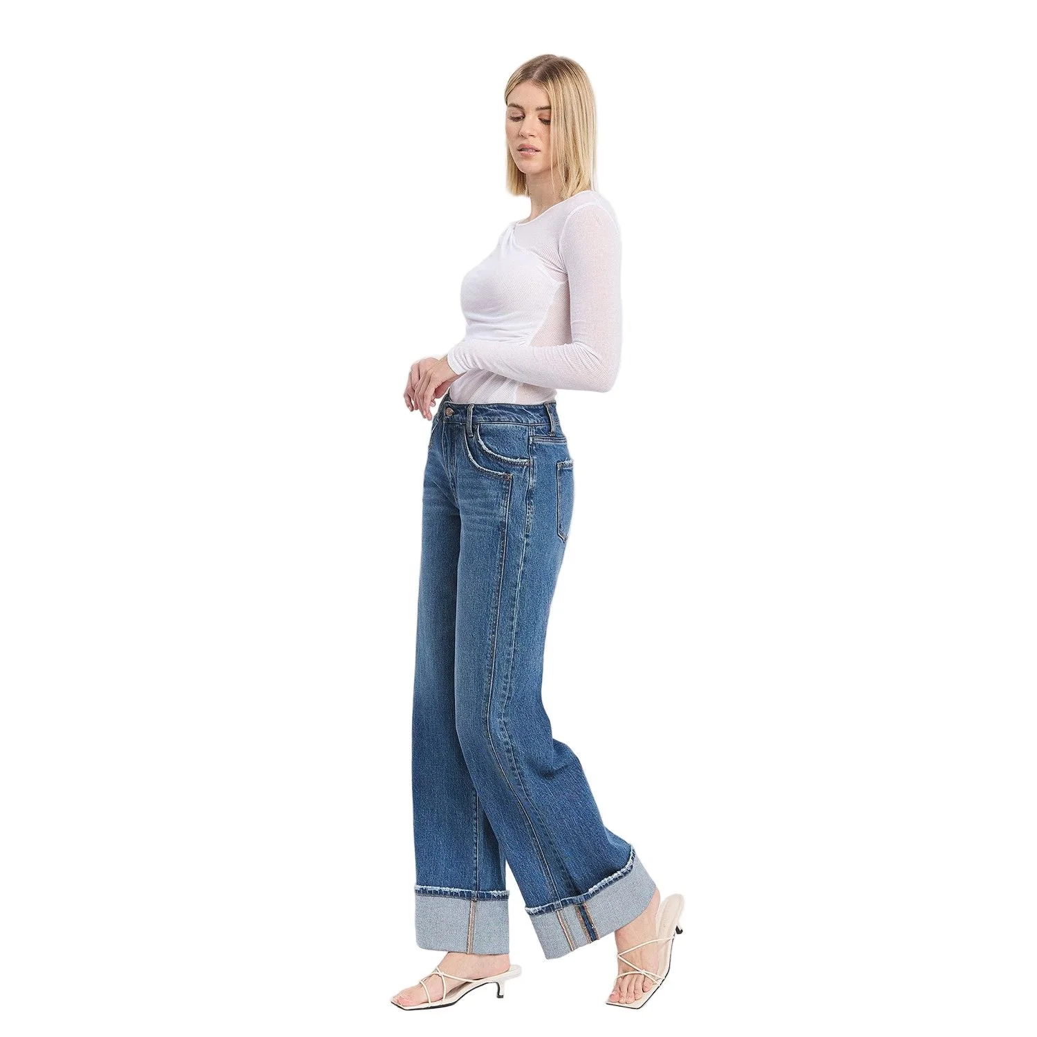 Women's Vervet High Rise Cuffed Panel Baggy Wide Jeans T6645 - Image 8