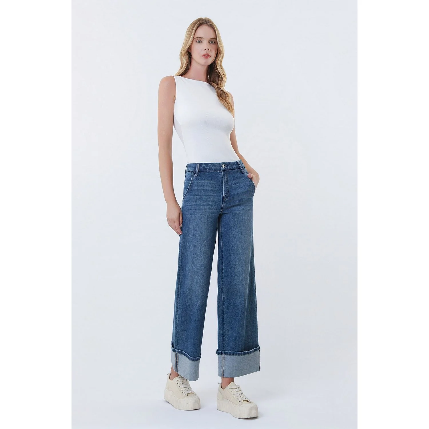 Women's Vervet High Rise Slant Pocket Cuffed Ankle Wide Jeans T7114 - Image 6