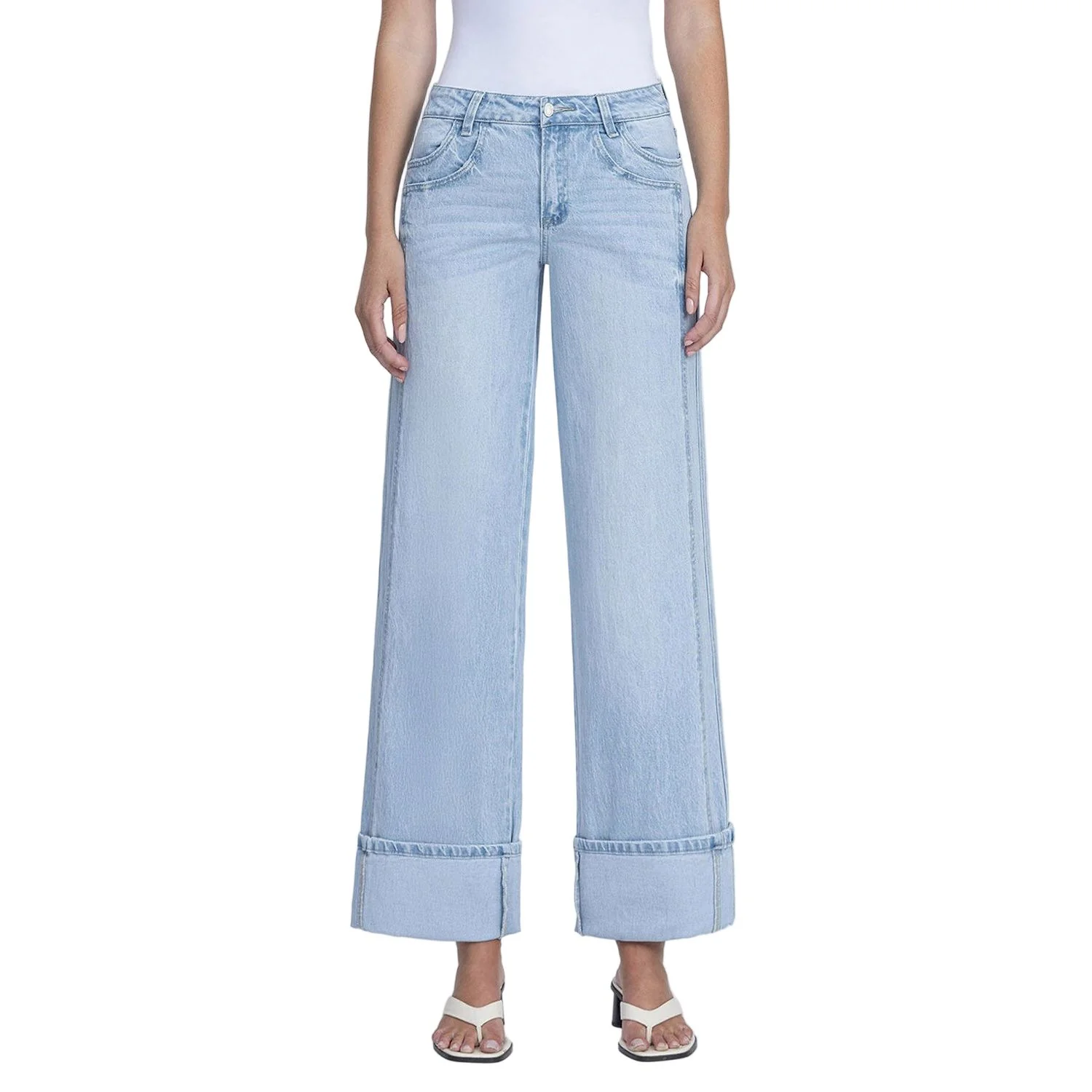 Women's Vervet Super High Rise Light Wash Cuffed Baggy Wide Jeans T6515
