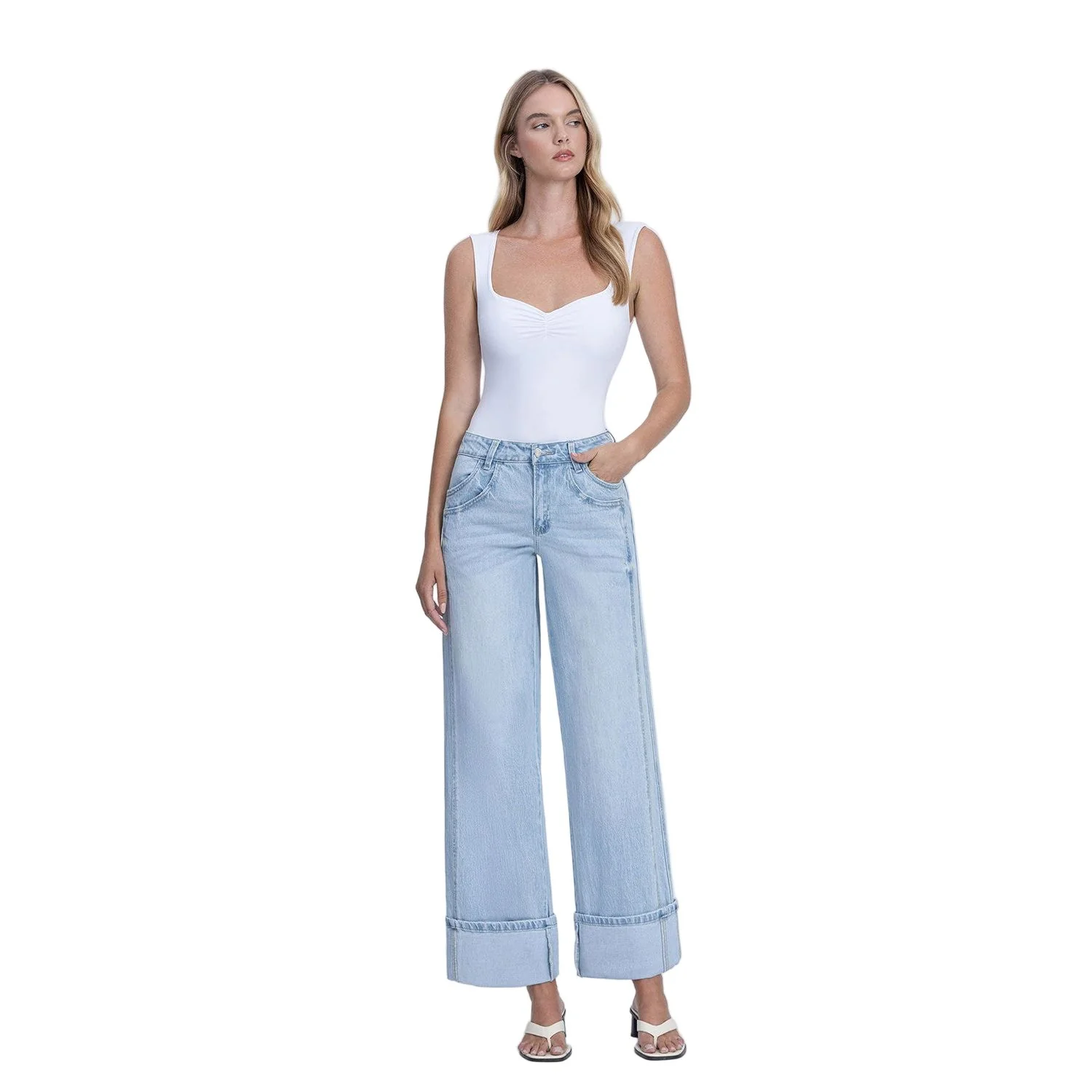 Women's Vervet Super High Rise Light Wash Cuffed Baggy Wide Jeans T6515 - Image 6