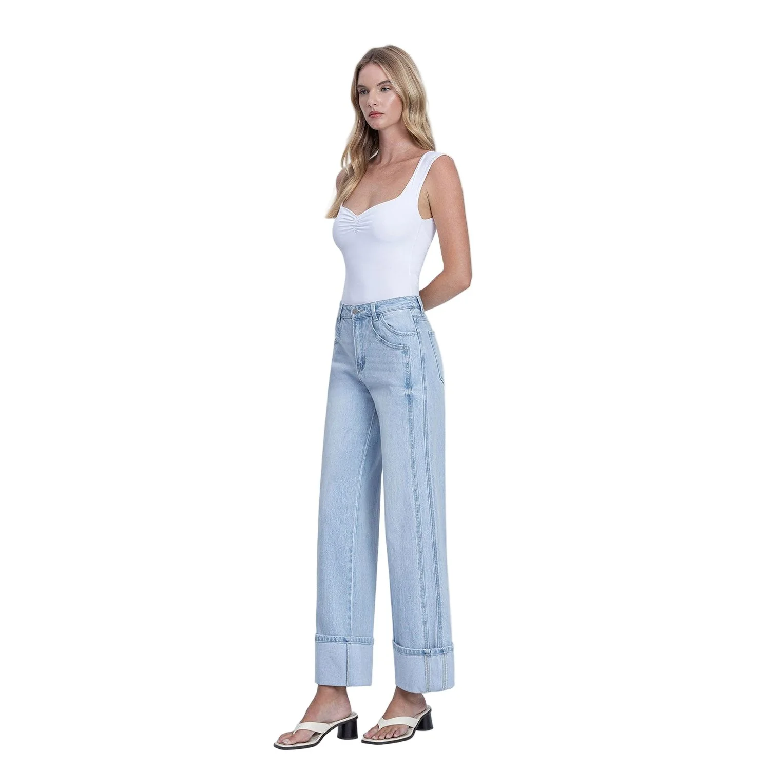 Women's Vervet Super High Rise Light Wash Cuffed Baggy Wide Jeans T6515 - Image 8