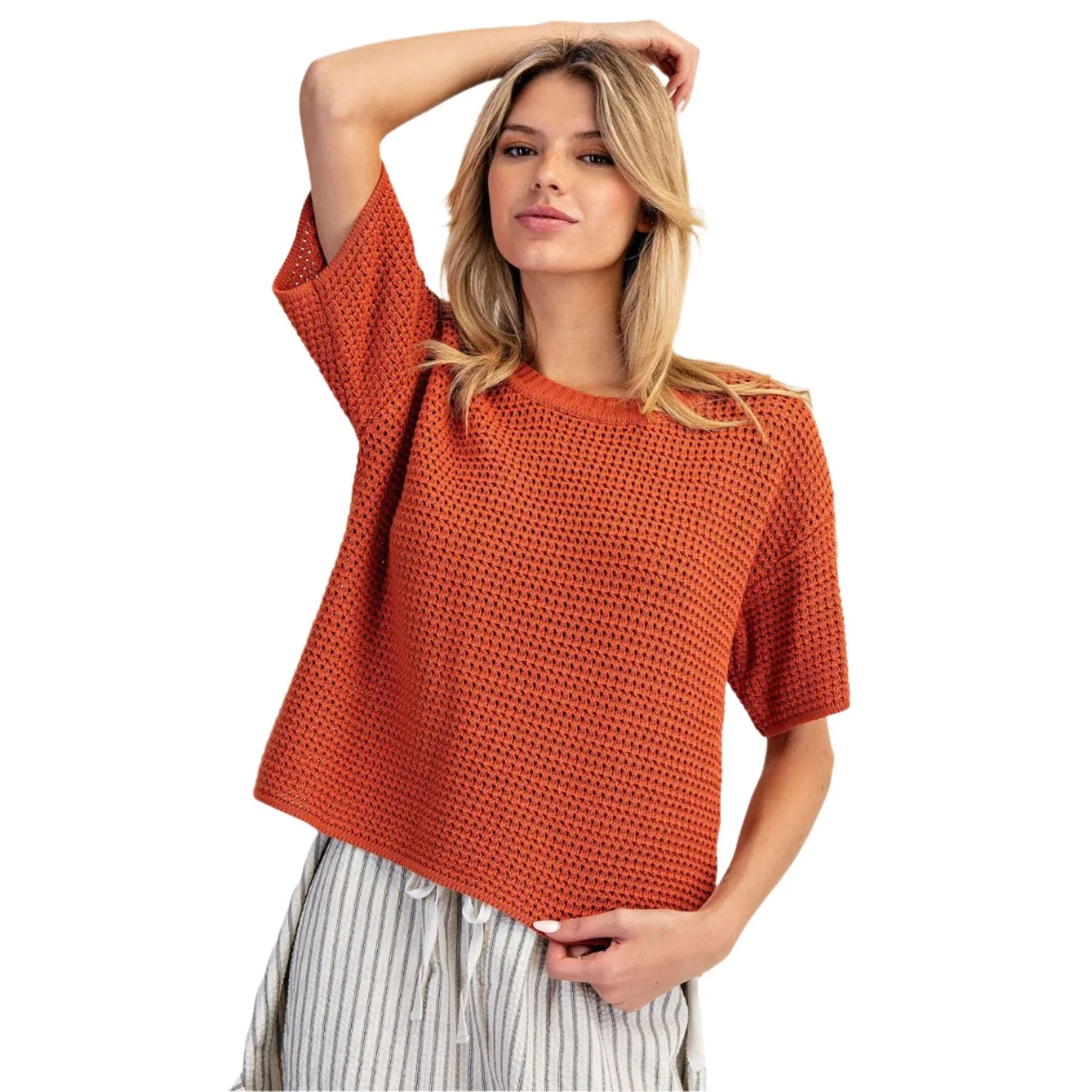 Women's  ee:some Waffle Knit Boxy Short Sleeve Sweater