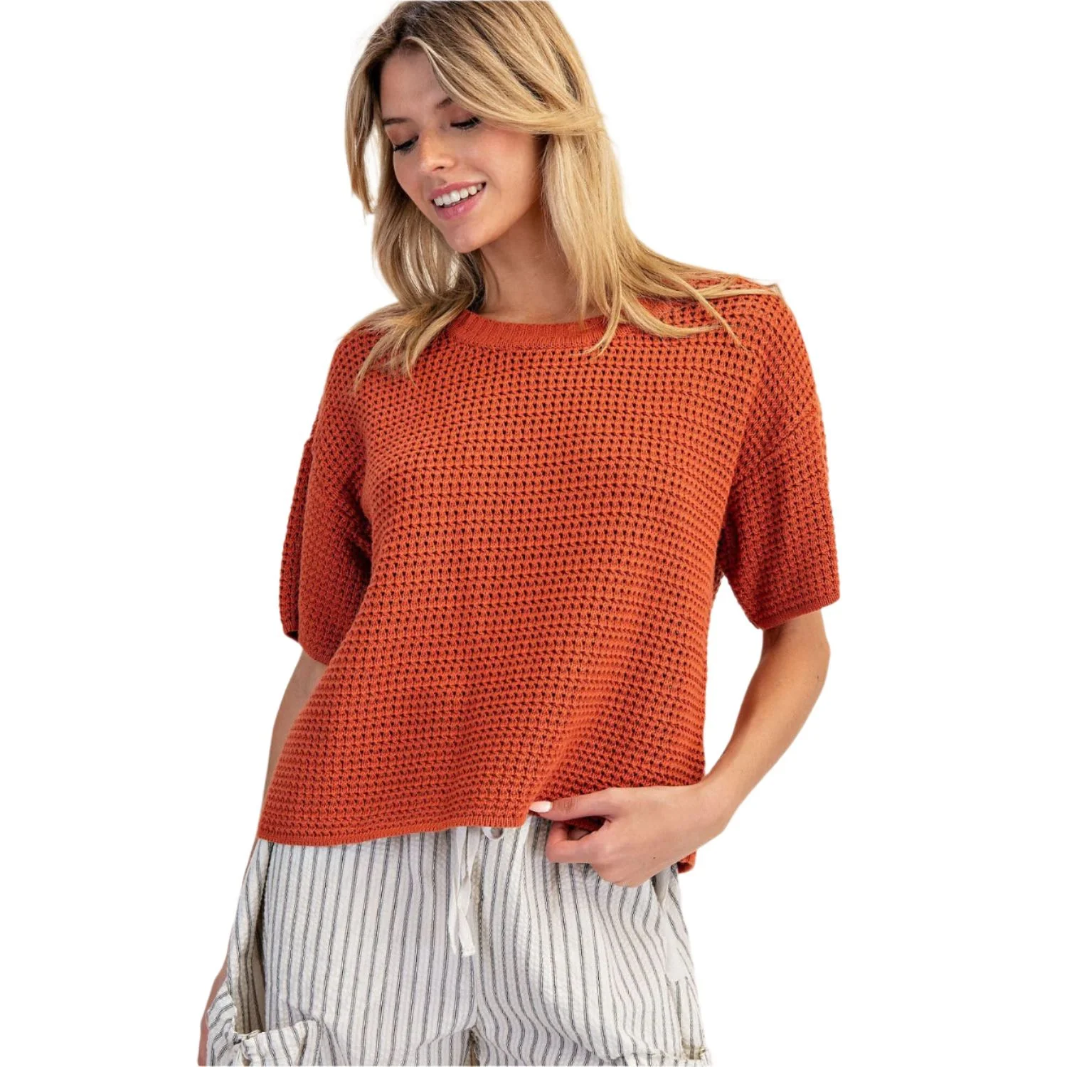 Women's  ee:some Waffle Knit Boxy Short Sleeve Sweater - Image 3