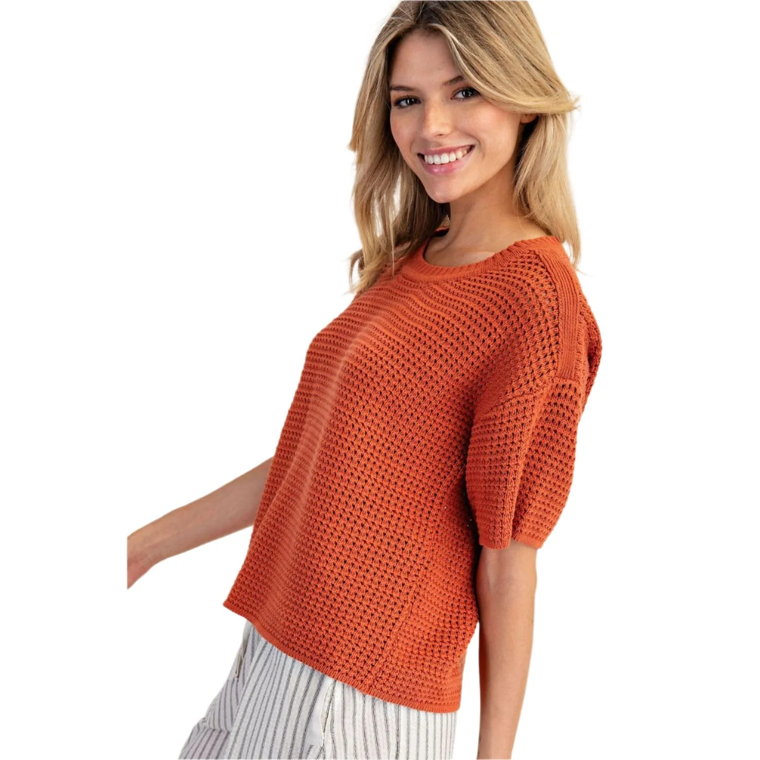 Women's  ee:some Waffle Knit Boxy Short Sleeve Sweater - Image 6