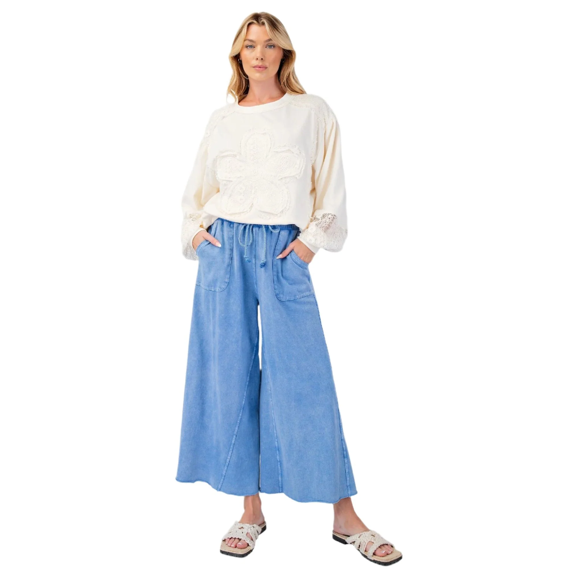 Women's Washed Terry Knit Wide Leg Pants - Image 3