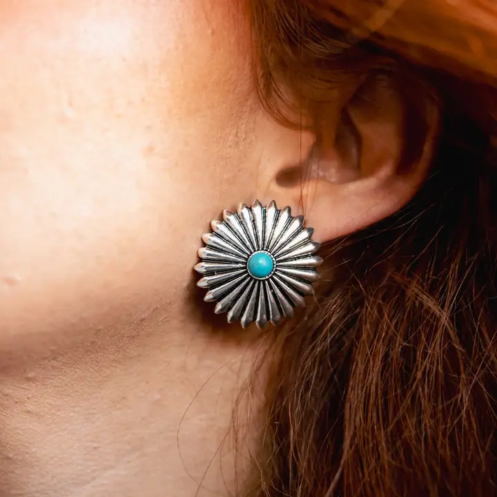 Women's West & Co Silver Concho Burst Post Earrings with Turquoise Accent E1418 - Image 3