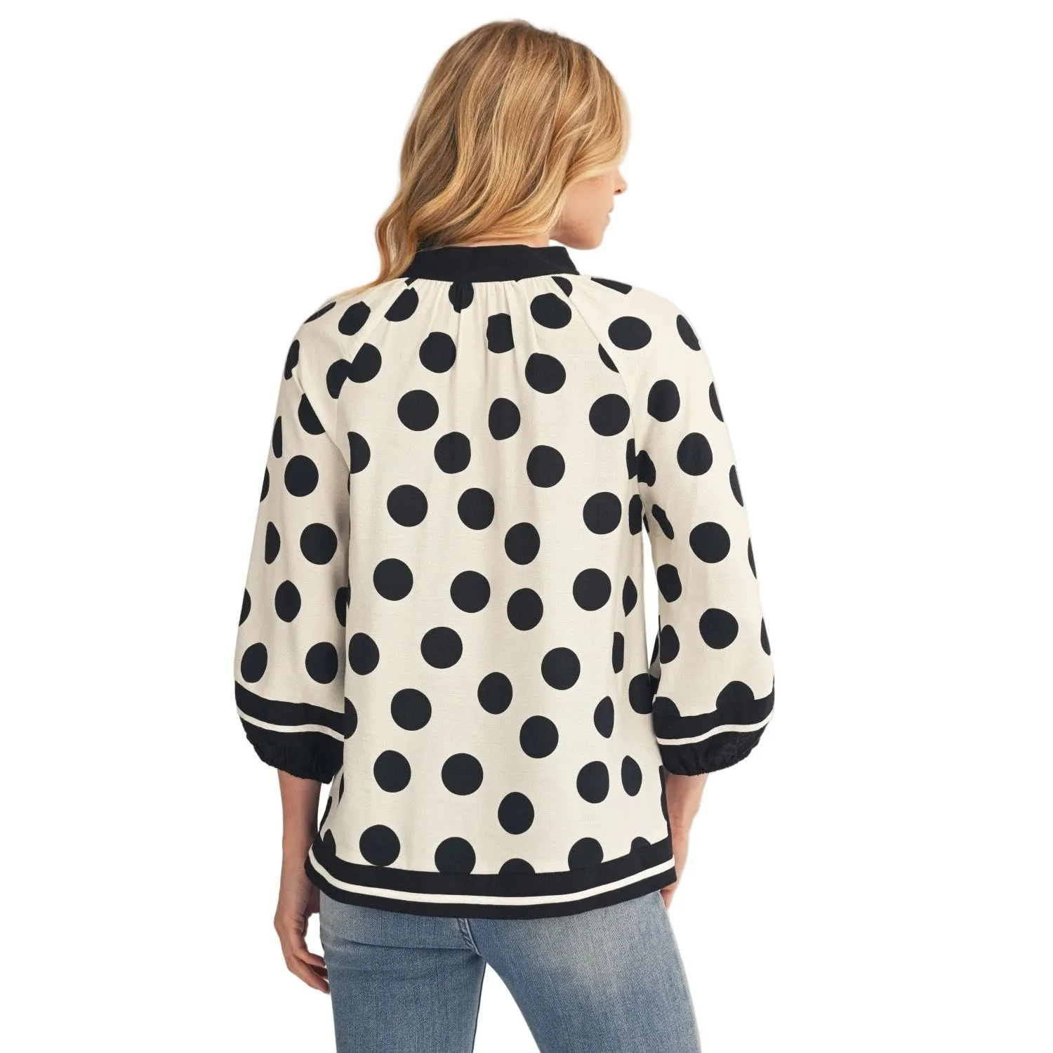 Women's Jodifl White and Black Contrast Detail Side Slit Polka Dot Top - Image 2