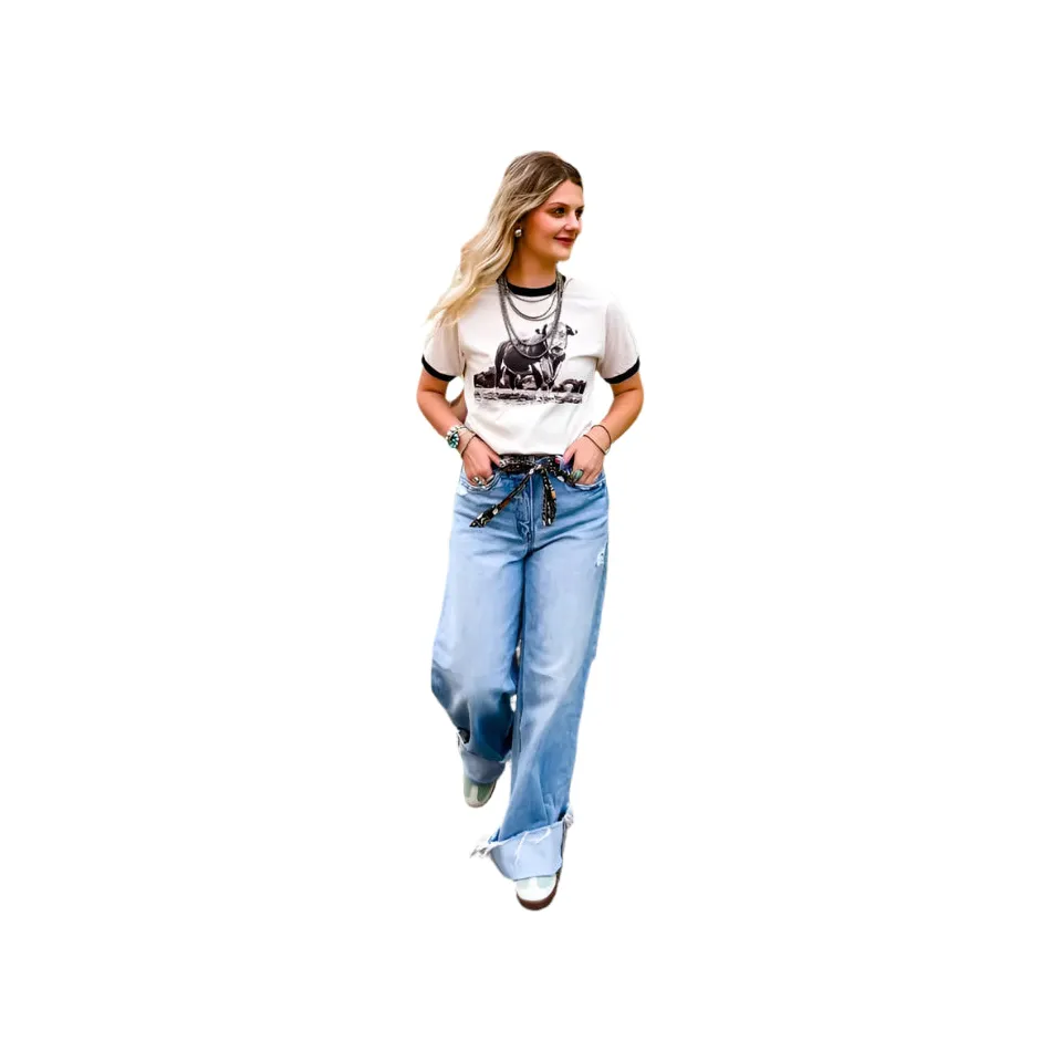Women's White and Black "The Horned Bull Ringer Tee" - Image 3