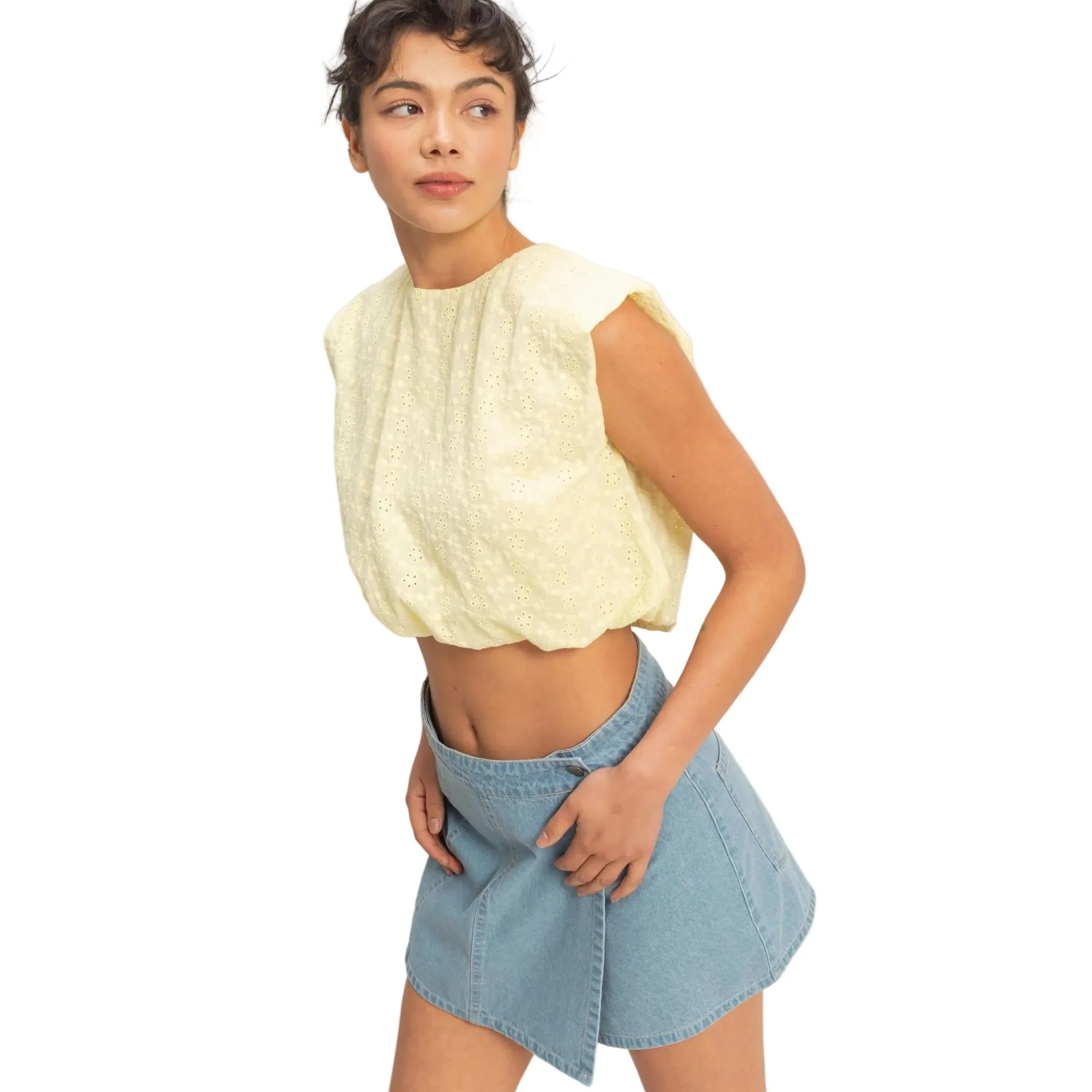 Women's Yellow Bubble Hem Cotton Eyelet Sleeveless Top - Image 2
